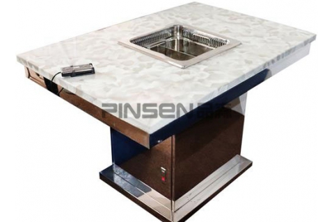 白色大理石四人六人沉降式自凈化長(zhǎng)方形無煙火鍋餐桌