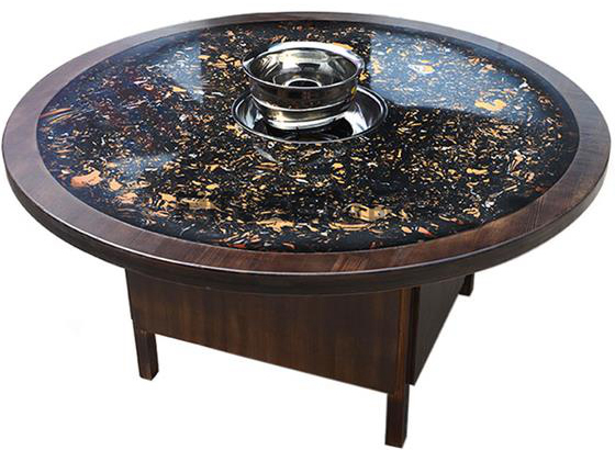 實(shí)木包邊黑色石斑大理石火鍋圓桌