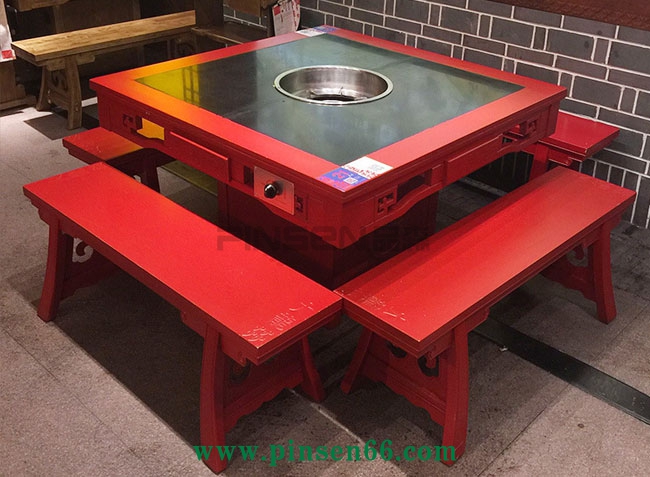 火鍋桌椅 新中式紅色方形實木火鍋桌定制火燒石桌面電磁爐火鍋桌